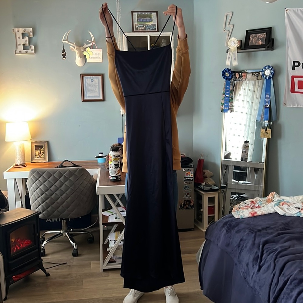 Blue silky prom dress